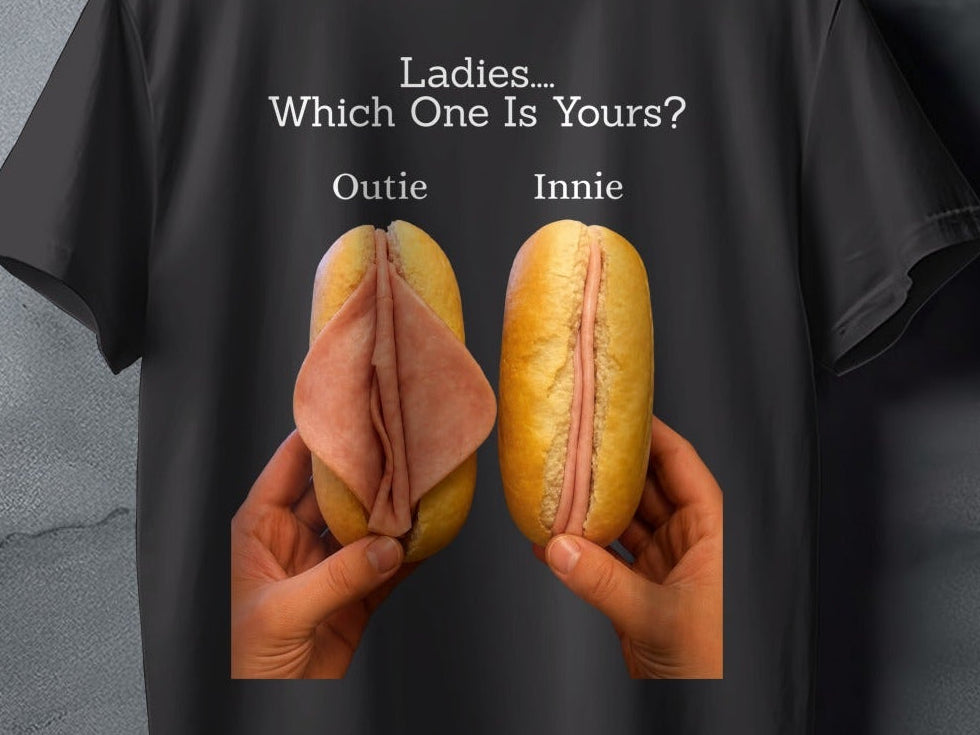 Black t-shirt with text and two sandwiches presented as "Outie" and "Innie".