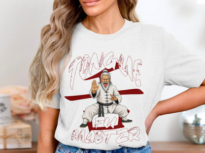 White t-shirt with "Tongue Fu Master" text and illustration of a martial artist.