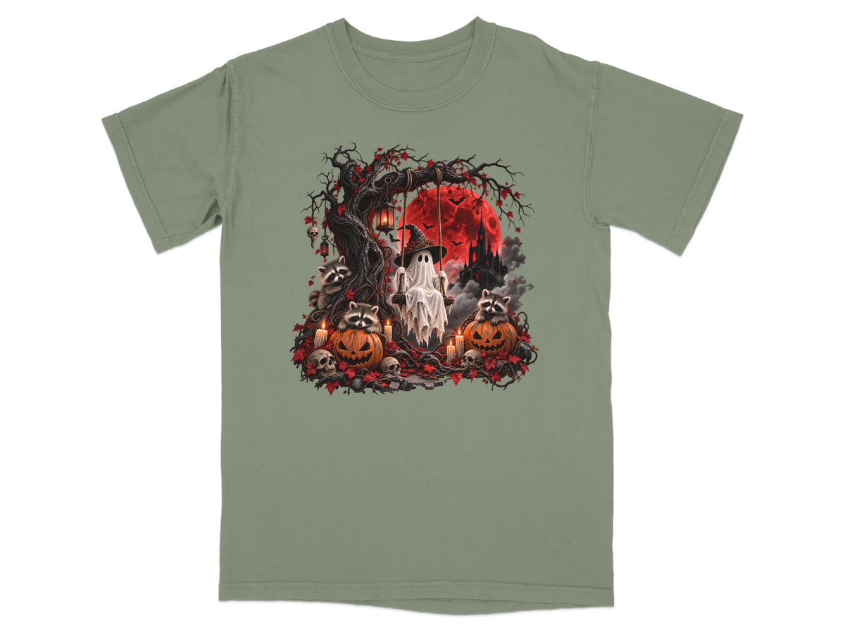Ghost on a swing with raccoons, pumpkins, and skulls under a red moon.