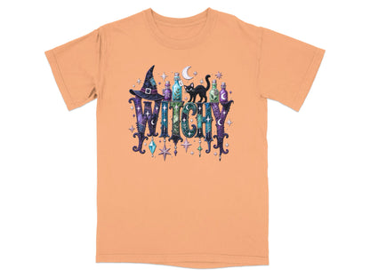 Orange t-shirt with "Witchy" text and Halloween-themed graphic.