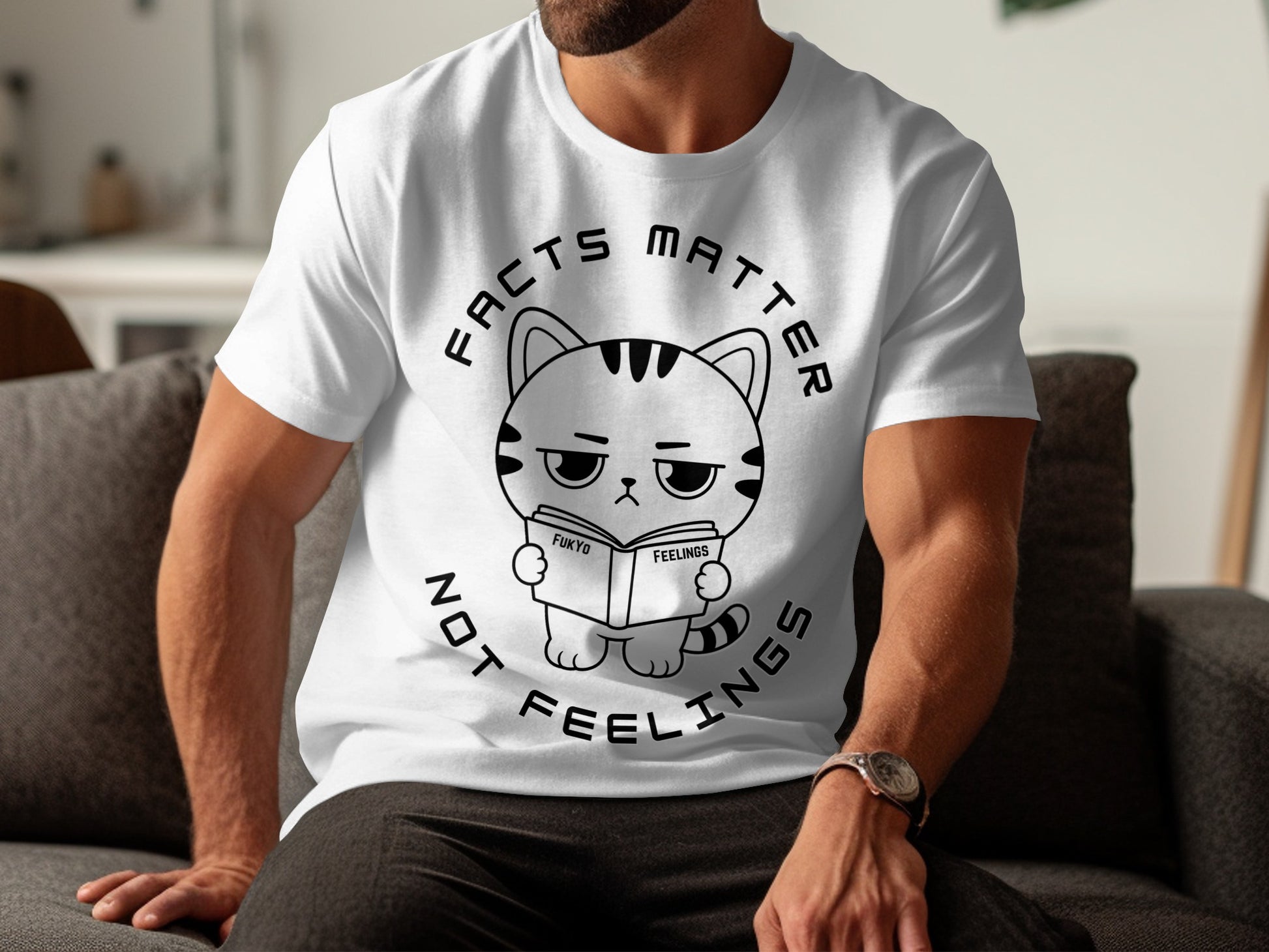 White t-shirt with a cartoon cat reading a book that says "FUKYO FEELINGS" and text.