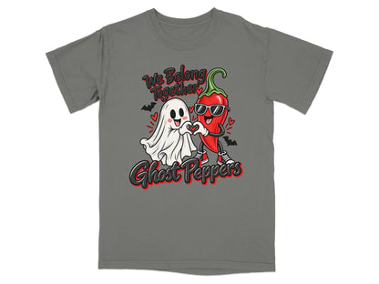 Ghost and chili pepper make heart shape, "We Belong Together Ghost Peppers" text.