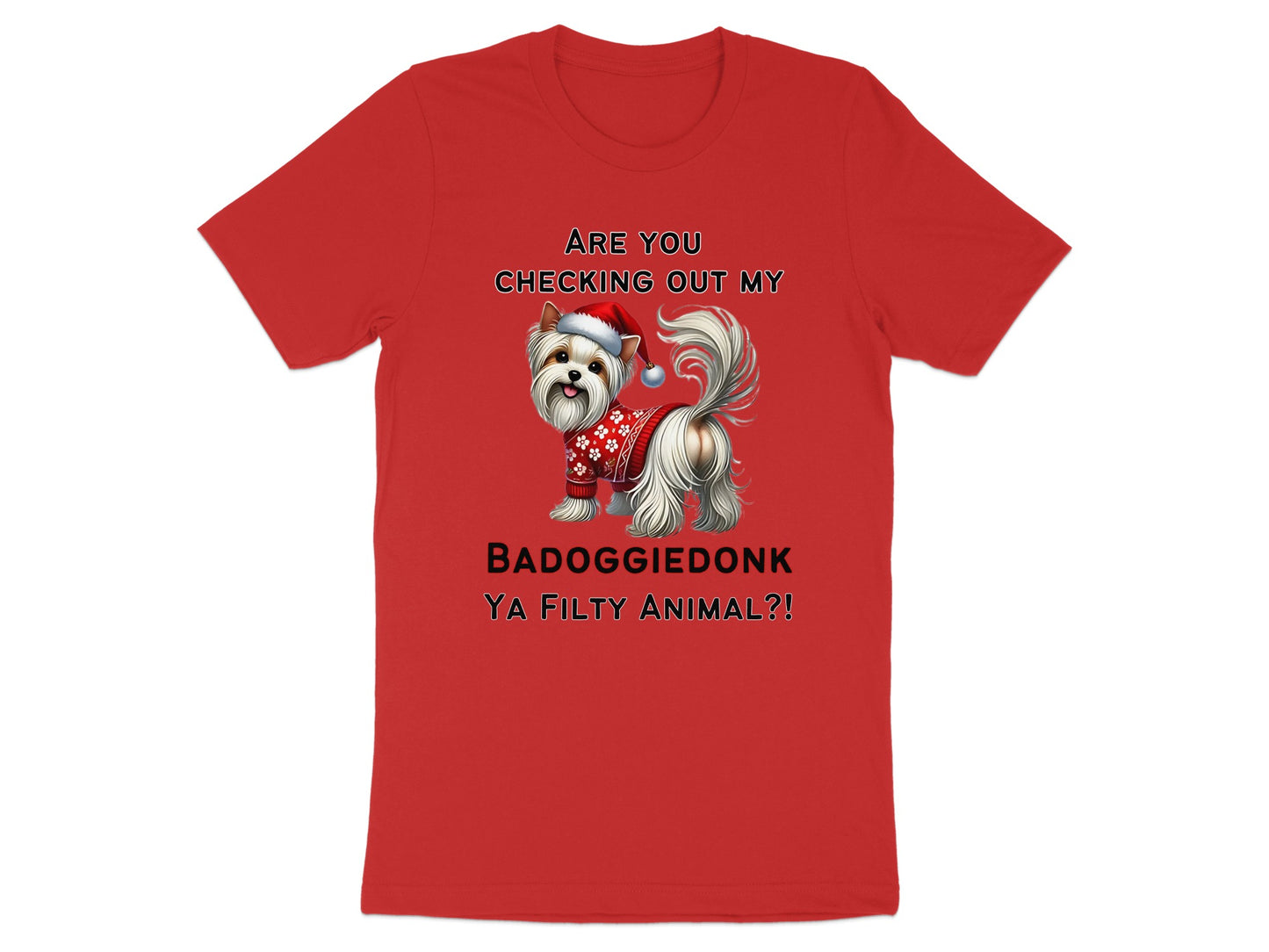 Red t-shirt with a Yorkshire Terrier wearing a Santa hat and sweater.
