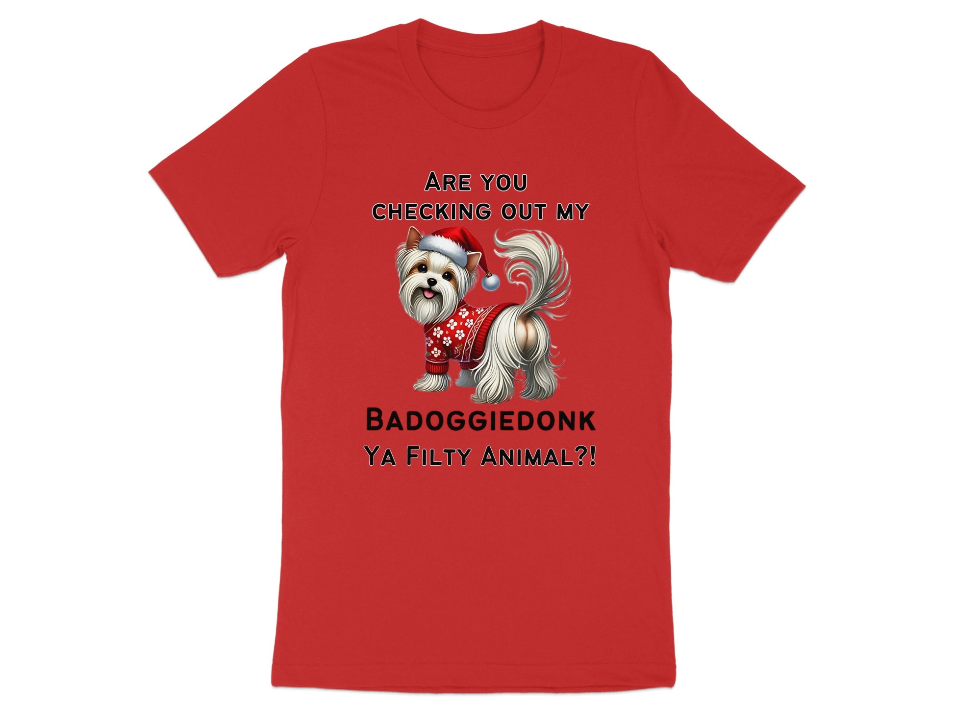 Red t-shirt with a Yorkshire Terrier wearing a Santa hat and sweater.