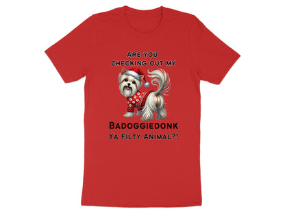 Red t-shirt with a Yorkshire Terrier wearing a Santa hat and sweater.
