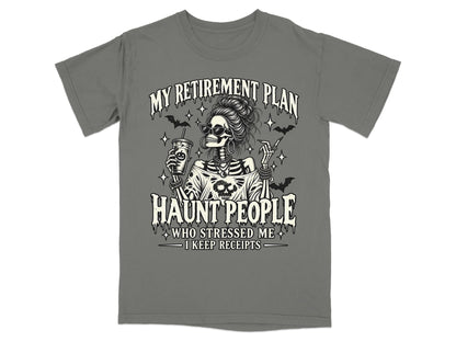 Skeleton with sunglasses holding coffee and cigarette, text reads "My retirement plan haunt people".