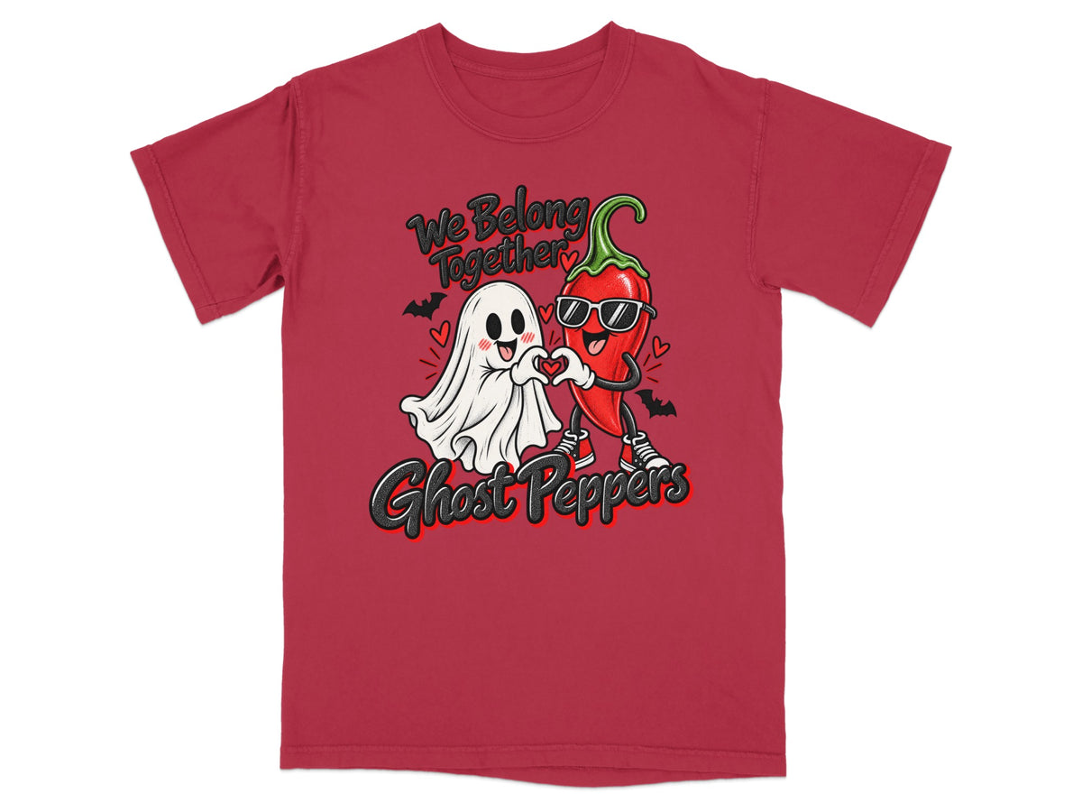 Ghost and chili pepper making heart shape with text "We Belong Together Ghost Peppers".