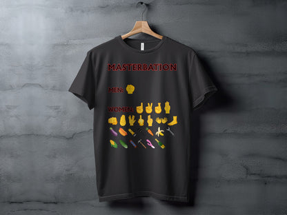 Black t-shirt with "MASTERBATION" text and emoji illustrations representing men and women.