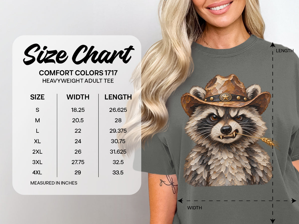 Comfort Colors 1717 heavyweight adult tee size chart with width and length measurements in inches.