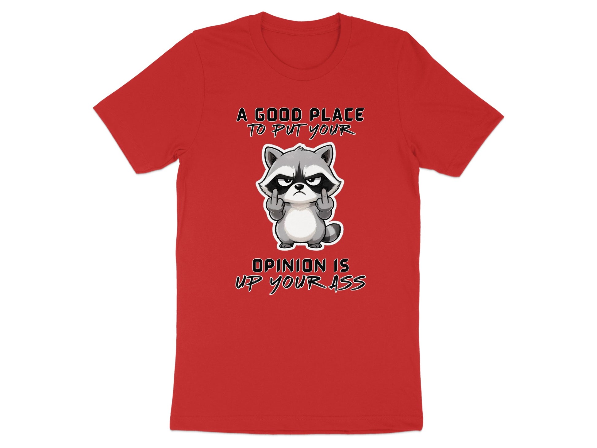 Red t-shirt with distressed raccoon giving middle fingers and text.