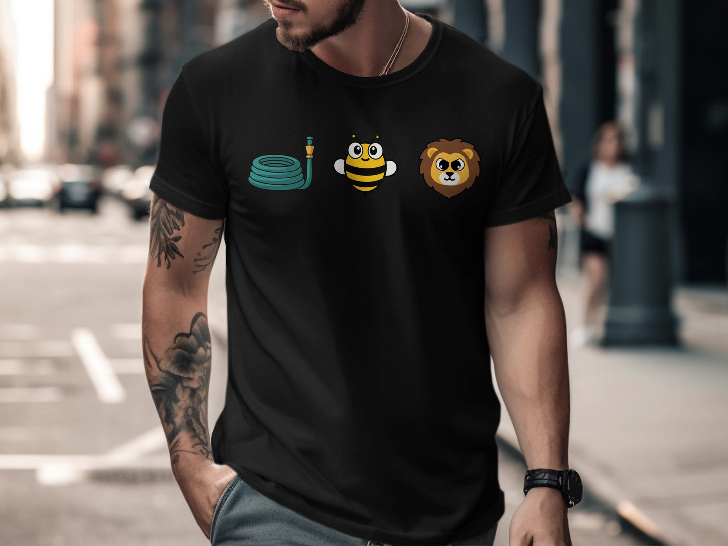 Black t-shirt with a coiled hose, bee, and lion graphic.