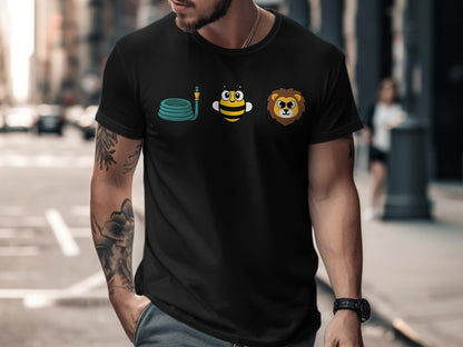 Black t-shirt with a coiled hose, bee, and lion graphic.