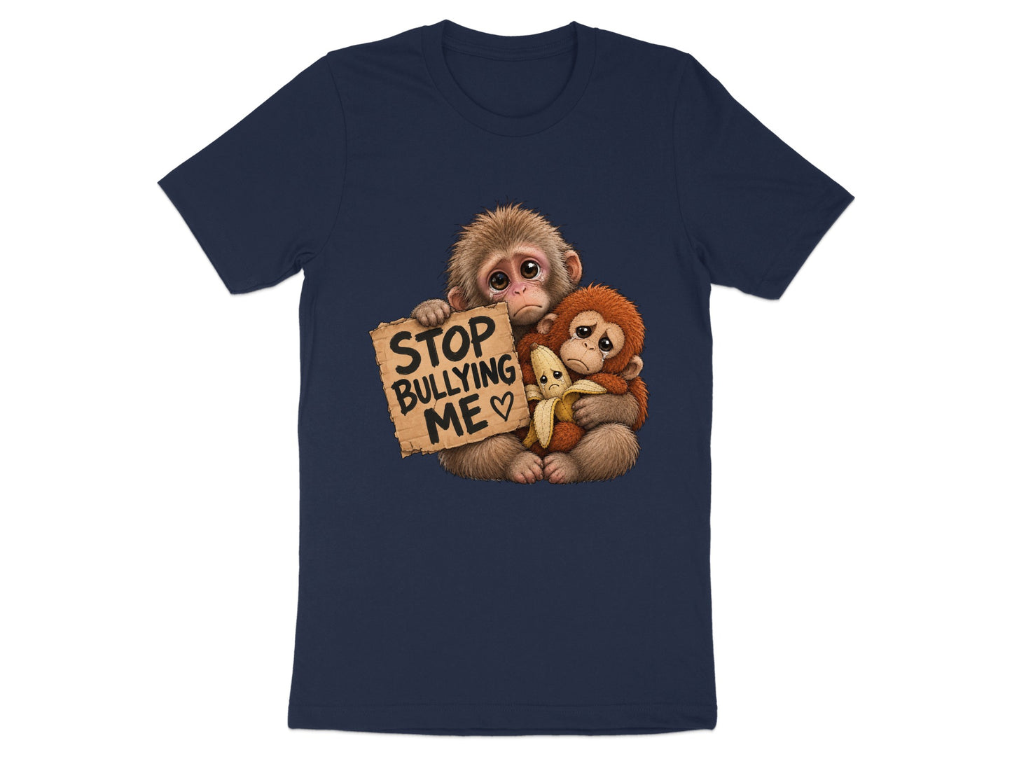 Two sad monkeys holding a sign that says "STOP BULLYING ME".