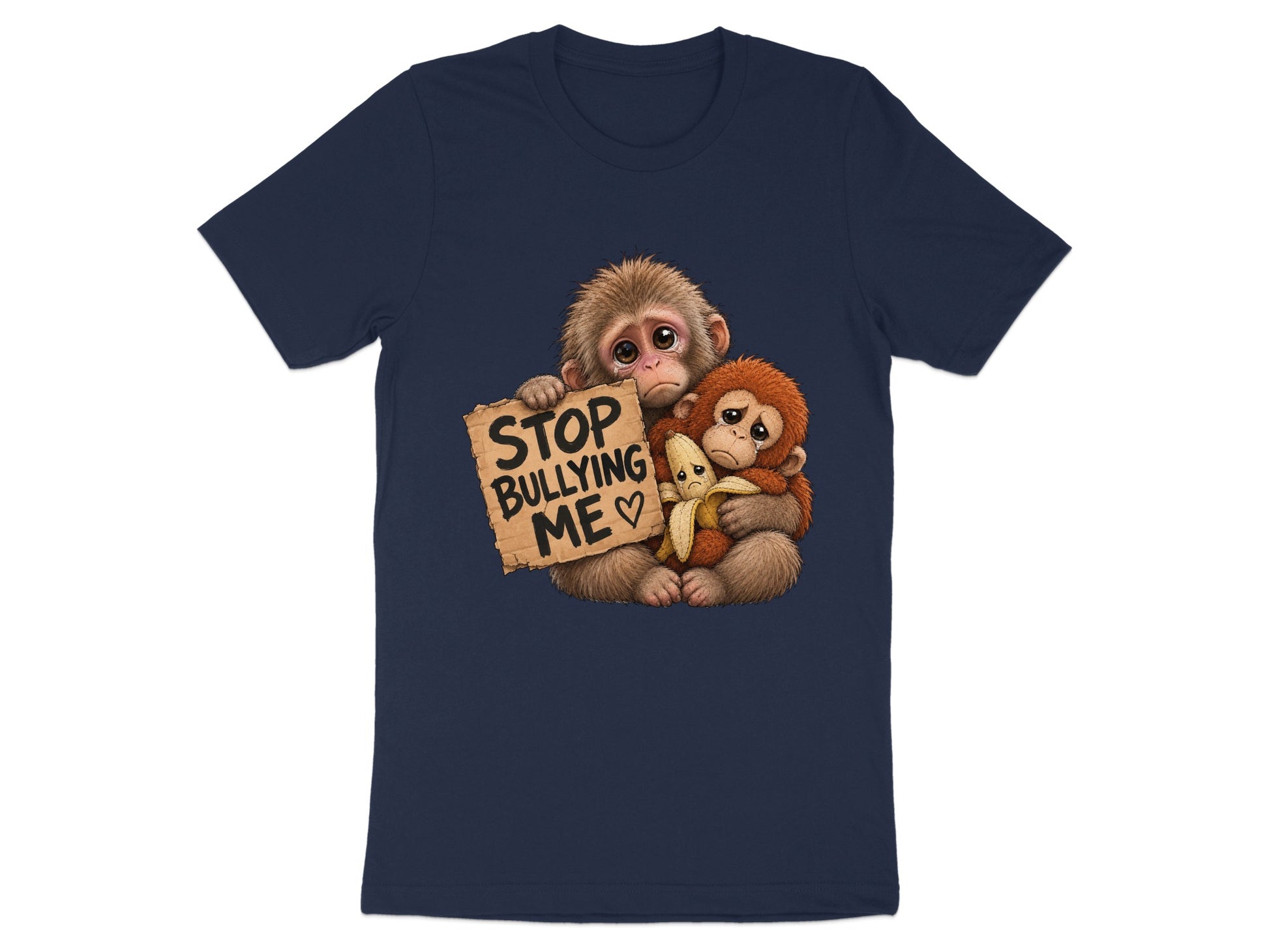 Two sad monkeys holding a sign that says "STOP BULLYING ME".
