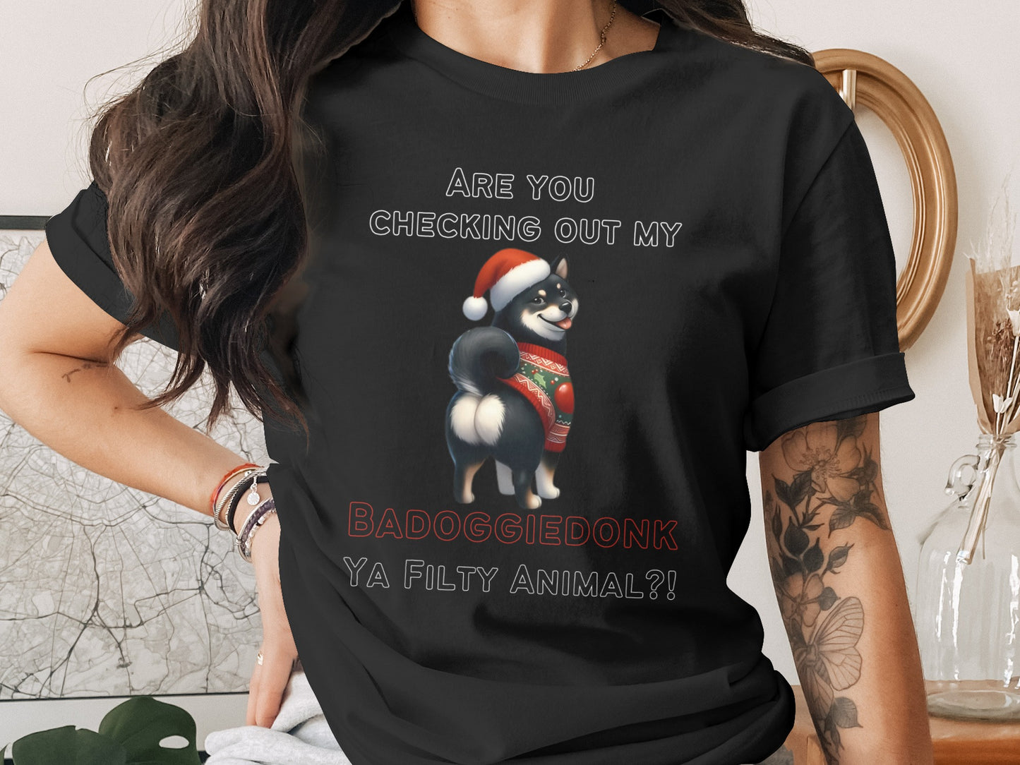 Black t-shirt with dog in Santa hat and sweater, text reads: BADOGGIEDONK YA FILTY ANIMAL?!