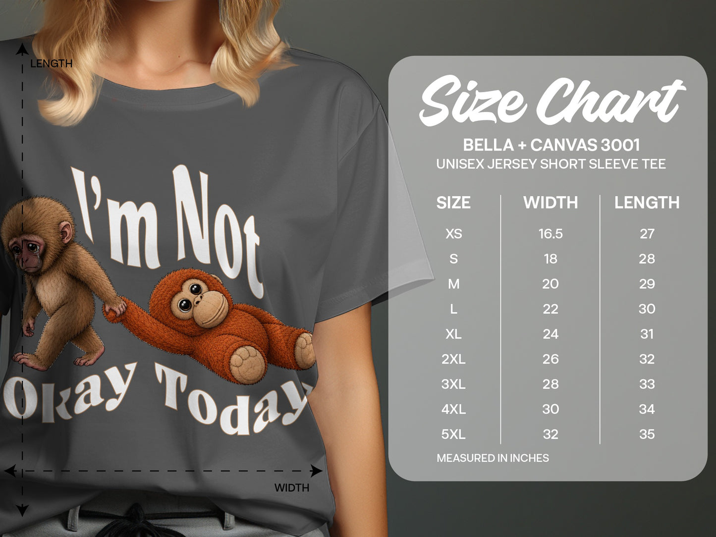 Dark gray t-shirt with monkeys and text "I'm Not Okay Today," with size chart.