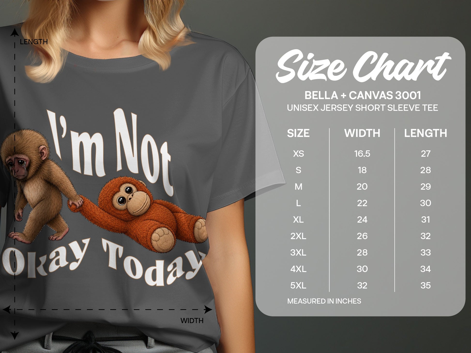 Dark gray t-shirt with monkeys and text "I'm Not Okay Today," with size chart.