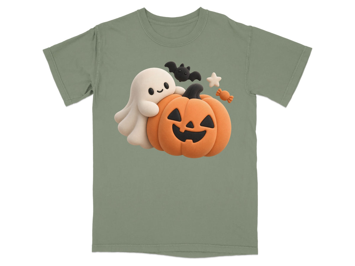 Green t-shirt with a ghost hugging a jack-o-lantern, bat, star, and candy design.