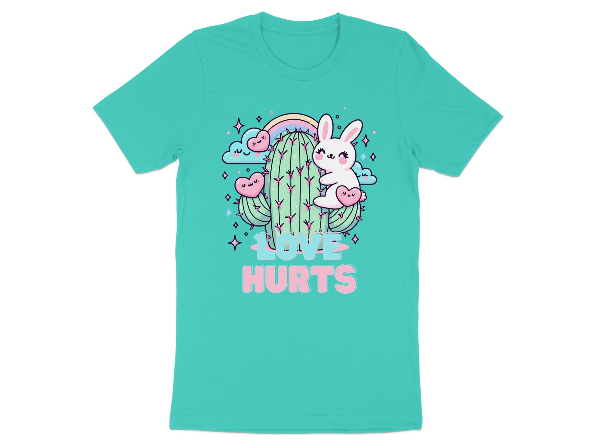 Cute bunny on cactus with hearts and rainbow, text "LOVE HURTS".
