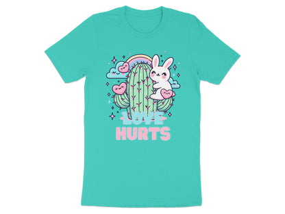 Cute bunny on cactus with hearts and rainbow, text "LOVE HURTS".