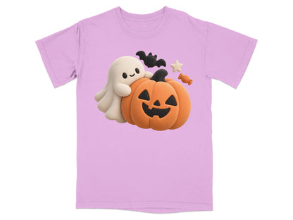 Lilac t-shirt with a ghost, jack-o-lantern, bat, and candy Halloween graphic.