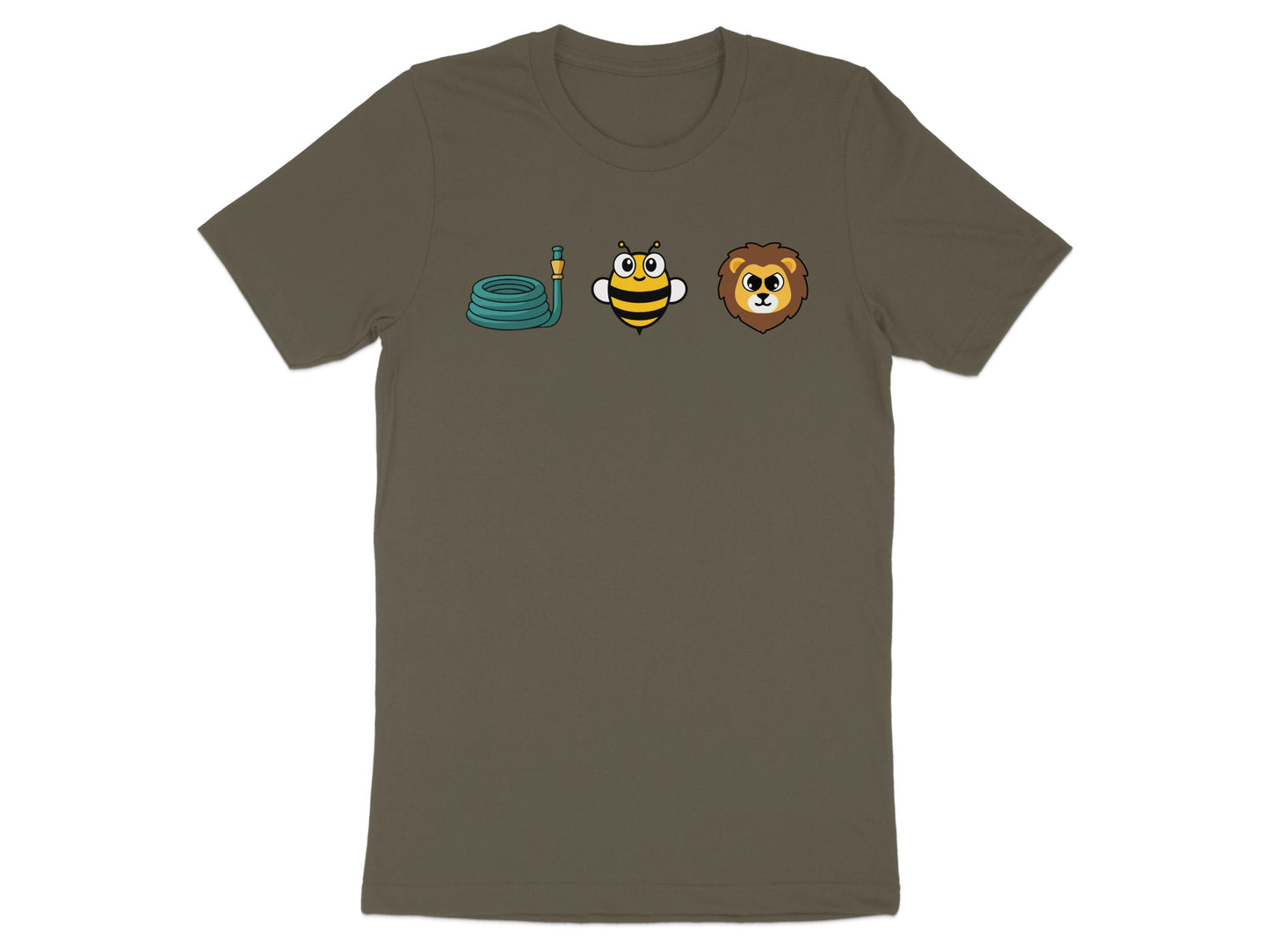 T-shirt with cartoon hose, bee, and lion graphic.