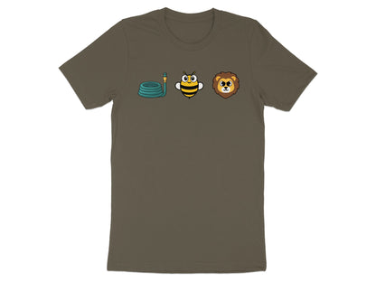 T-shirt with cartoon hose, bee, and lion graphic.