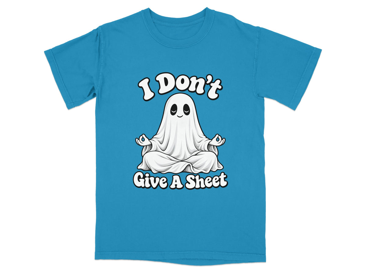 Blue t-shirt with a meditating ghost graphic and text "I Don't Give A Sheet".