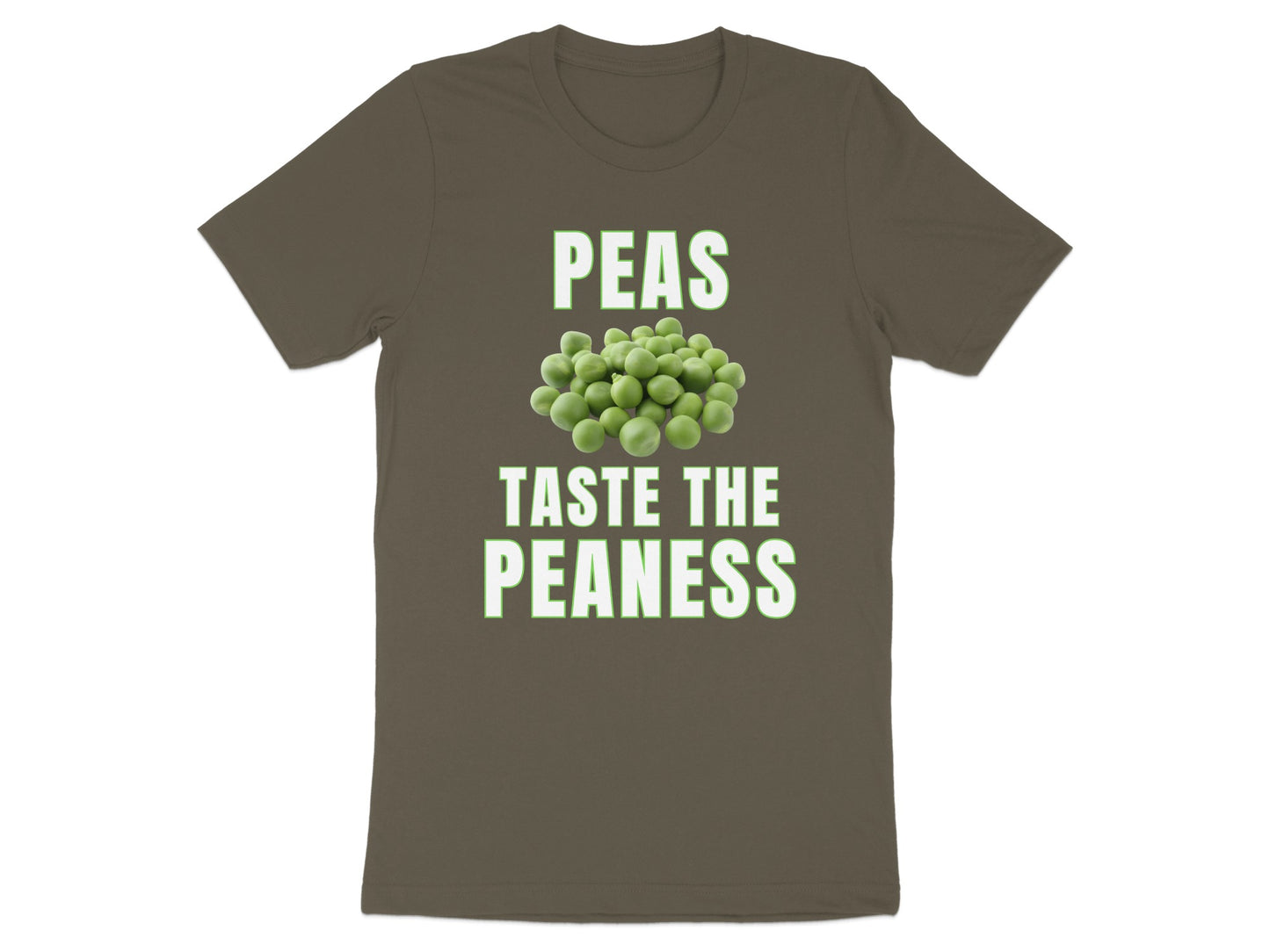 Brown t-shirt with "PEAS TASTE THE PEANESS" text and a pile of peas.