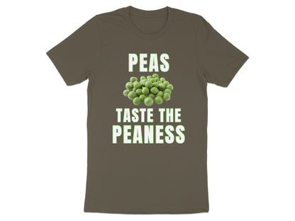 Brown t-shirt with "PEAS TASTE THE PEANESS" text and a pile of peas.
