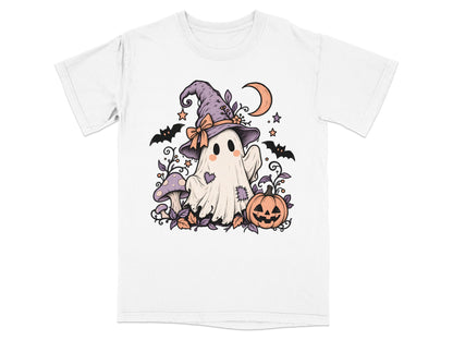 Halloween ghost in witch hat with pumpkin, bats, mushroom, and moon.