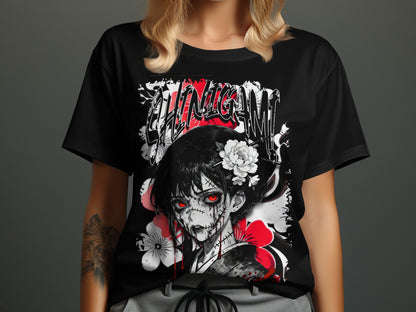 Black t-shirt featuring a stiched anime geisha with red eyes and the word SHINIGAMI.