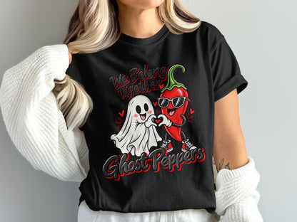 Ghost Peppers t-shirt with ghost and chili pepper making heart hands.