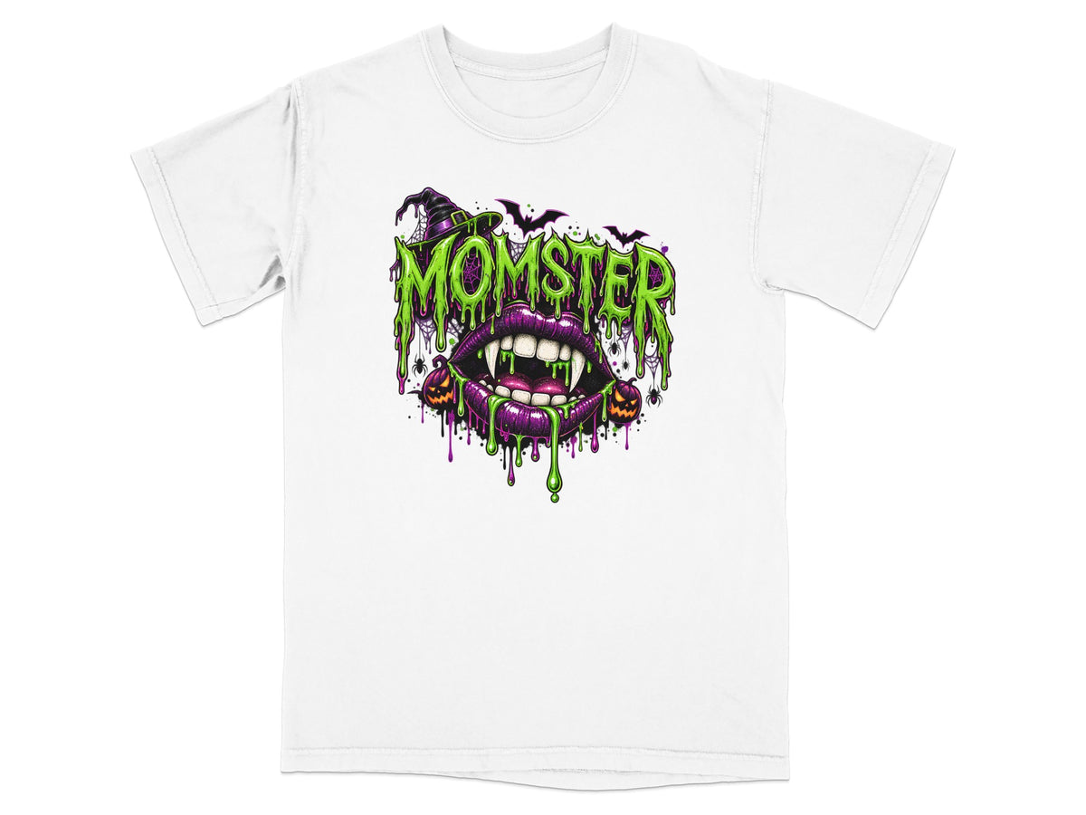 White t-shirt with green dripping "MOMSTER" text over purple lips and fangs.