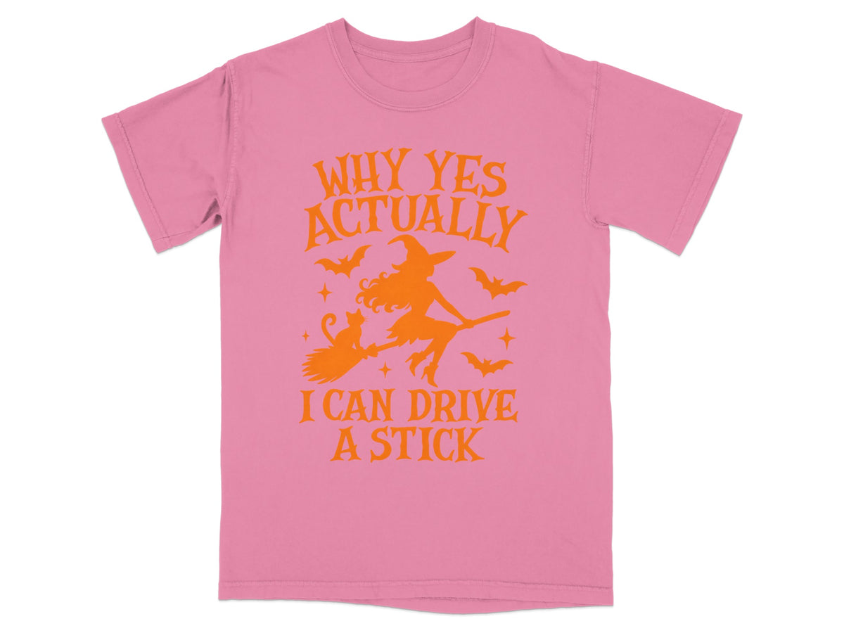 Pink t-shirt with orange graphic of a witch, cat, bats, and text.
