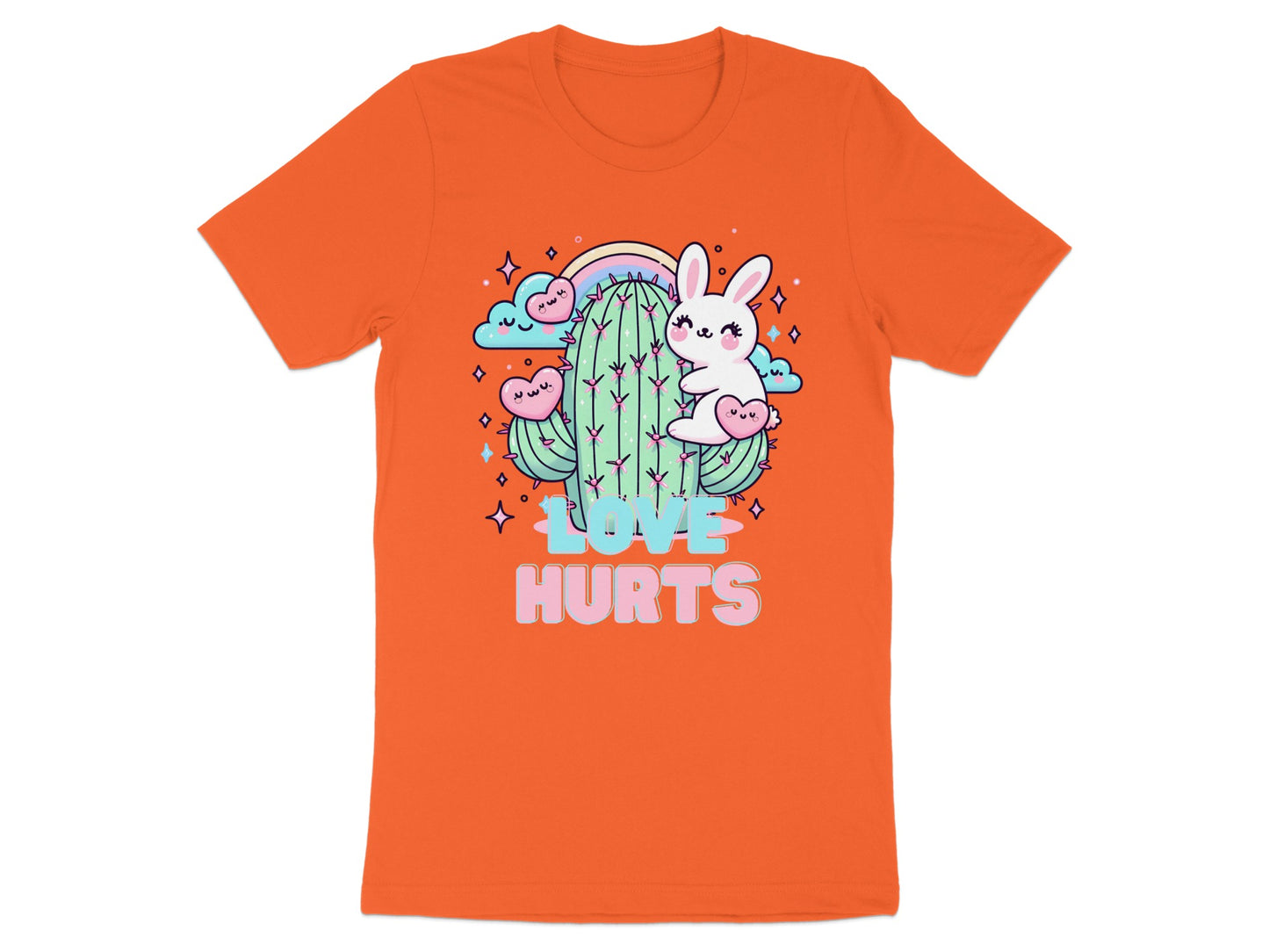 Cute white bunny on cactus with "Love Hurts" text and rainbow.