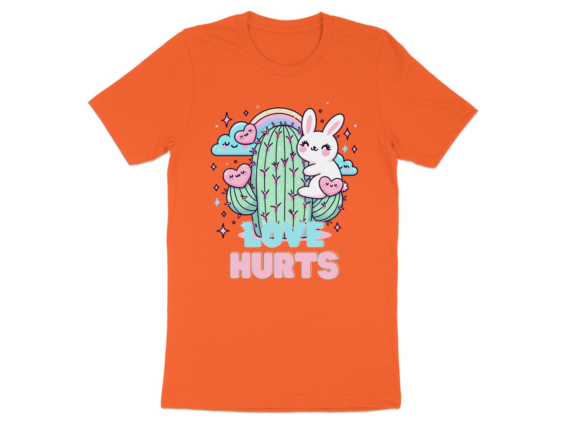 Cute white bunny on cactus with "Love Hurts" text and rainbow.
