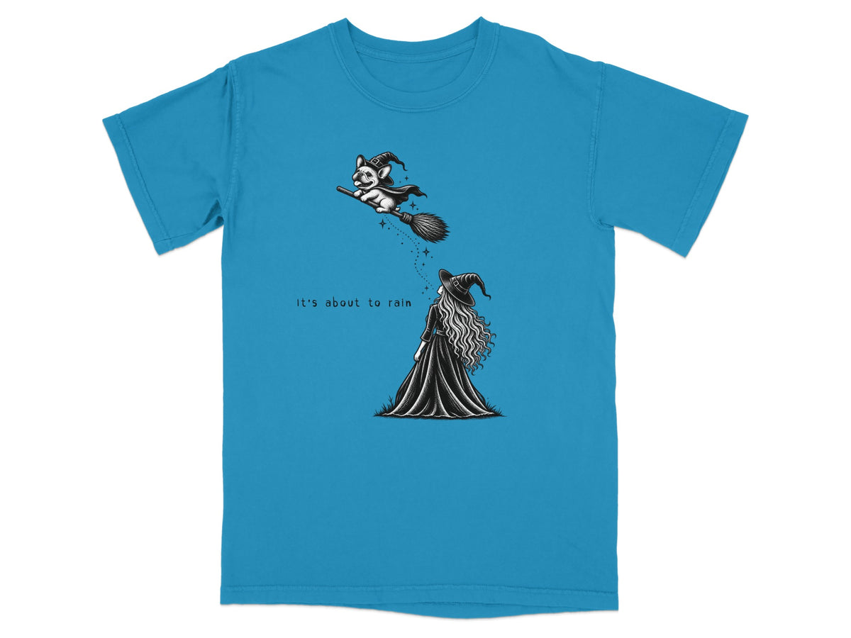 French bulldog in witch hat flies on broomstick above witch with text "It's about to rain".