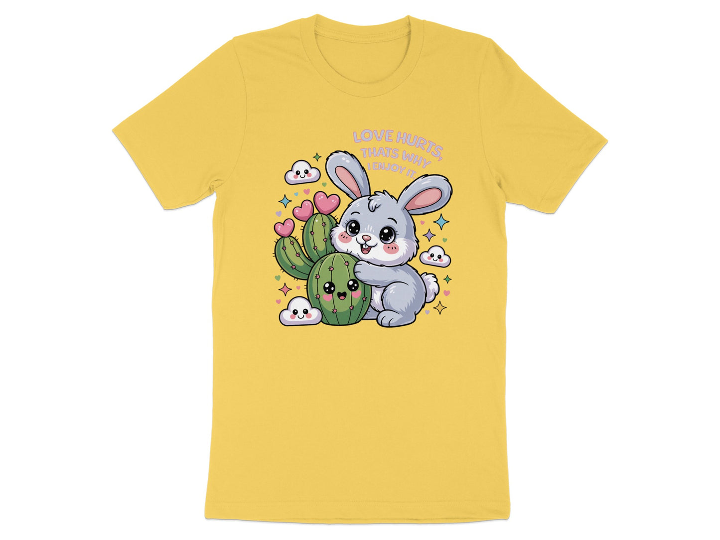 Yellow t-shirt with bunny hugging a smiling cactus, text "LOVE HURTS, THATS WHY I ENJOY IT".