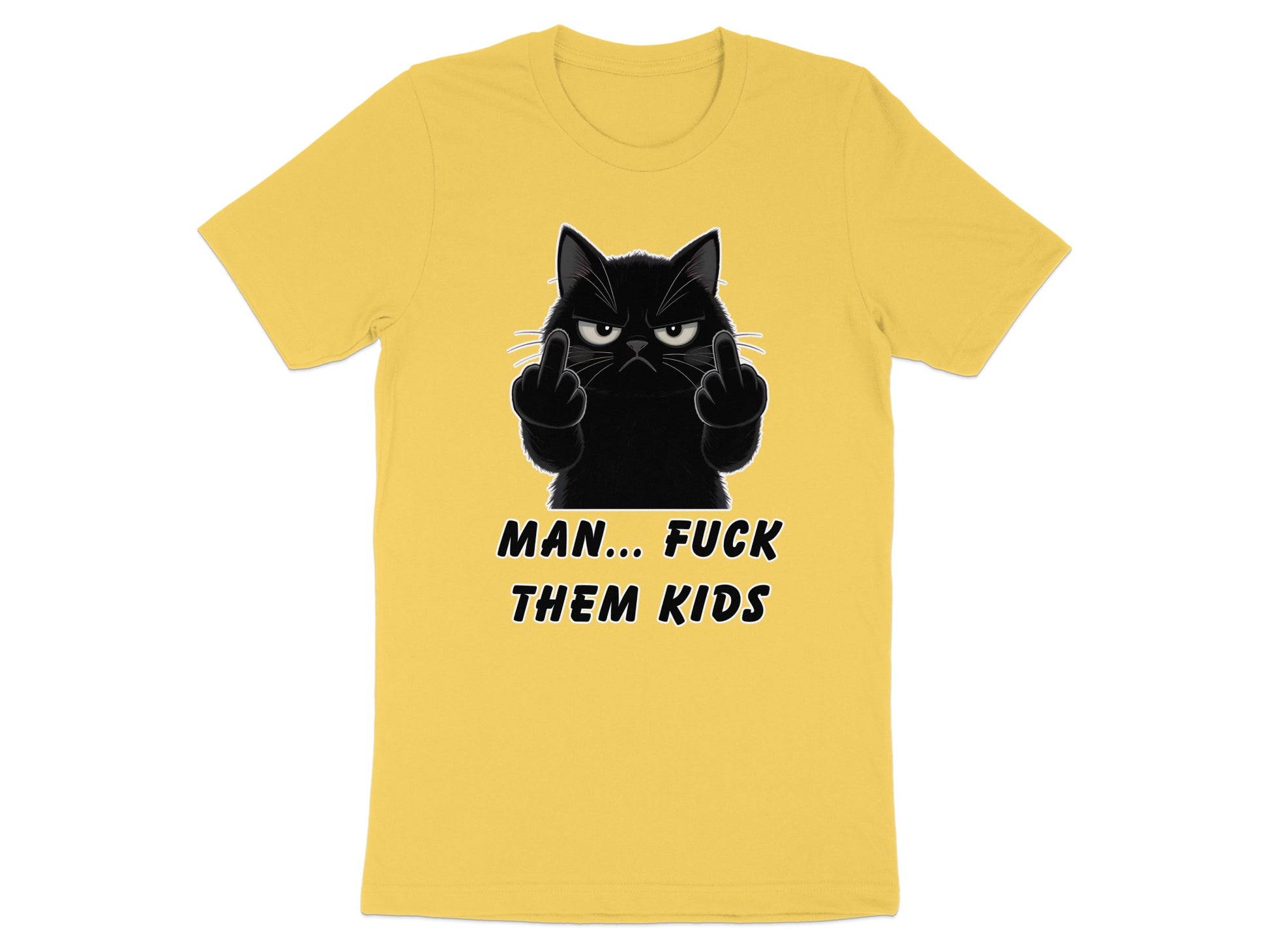 Yellow t-shirt with a black cat giving the middle finger and text.