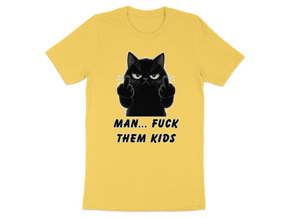 Yellow t-shirt with a black cat giving the middle finger and text.
