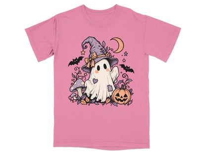 Pink t-shirt with Halloween ghost, pumpkin, mushrooms, bats, and crescent moon design.