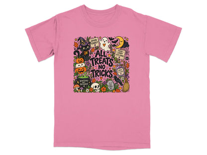 Pink t-shirt with a Halloween graphic featuring a black cat, pumpkins, and the text "ALL TREATS NO TRICKS".