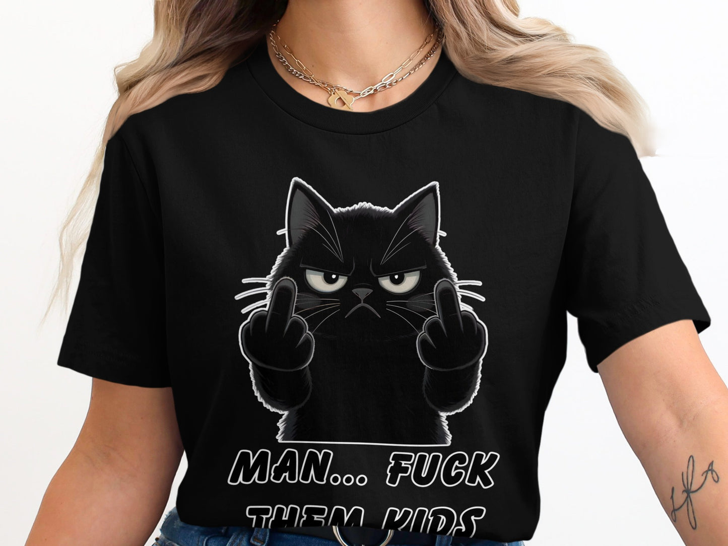 Black t-shirt with angry cat giving middle fingers and text.