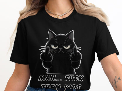 Black t-shirt with angry cat giving middle fingers and text.