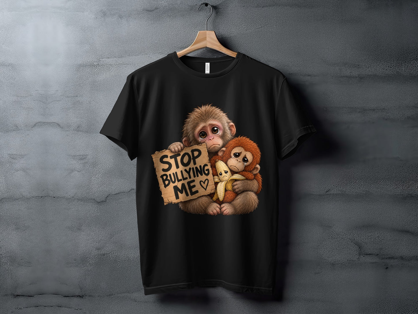 Black t-shirt with two sad monkeys holding a banana and a "Stop Bullying Me" sign.