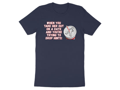 Navy t-shirt with text and illustration of a drink cup.