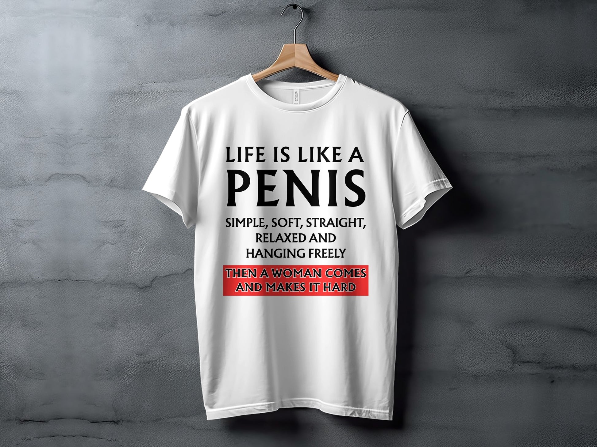 White t-shirt with black text reading "LIFE IS LIKE A PENIS SIMPLE, SOFT, STRAIGHT, RELAXED AND HANGING FREELY THEN A WOMAN COMES AND MAKES IT HARD".