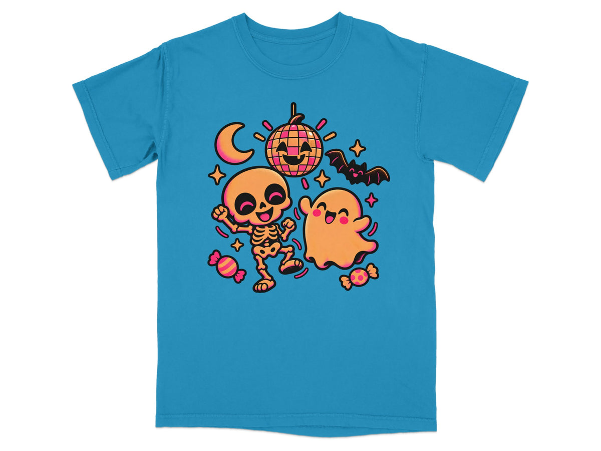 Dancing skeleton and ghost with disco ball, moon, bat, and candy on teal t-shirt.