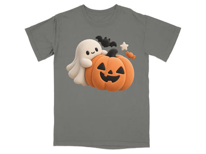 Grey t-shirt with a cute ghost hugging a jack-o'-lantern, bat, and candy.